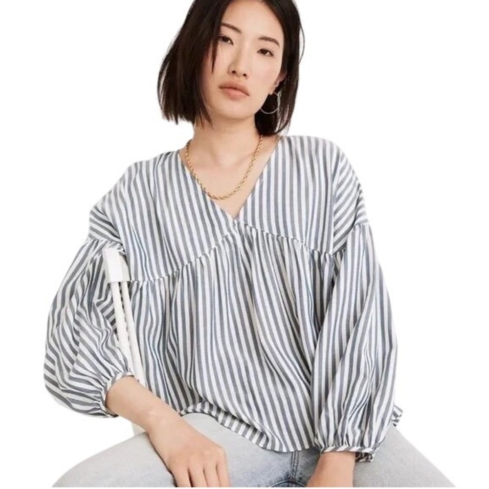 Madewell Striped V-Neck Peplum Long Sleeve Blouse Top Women's Size Small